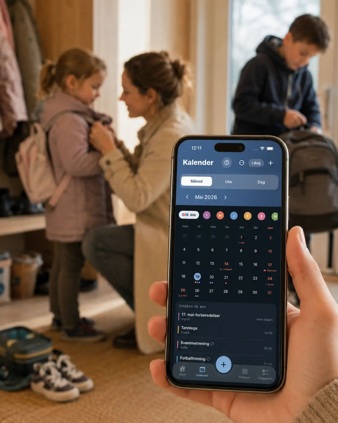 Travel morgenlogistikk der Nubly Planner viser familiens felles kalender
